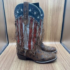 JB Dillon Reserve Cowboy Boot Women 11 B Brown American Flag Fringe JBR6085B NEW